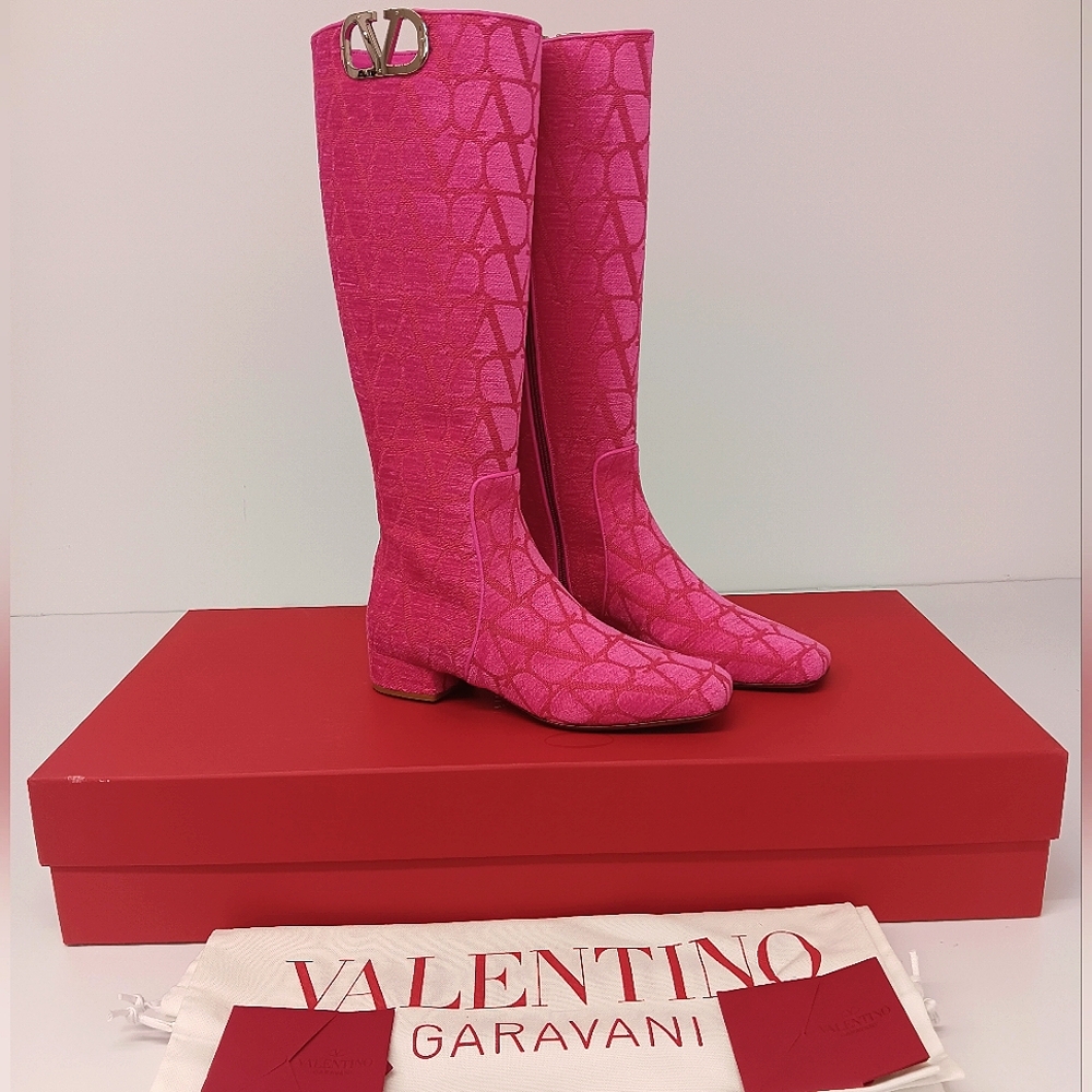 Valentino Garavani Women's Toile Iconographe VLogo Knee Hi Boots - Pink